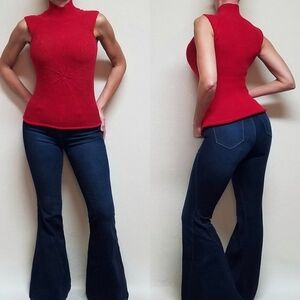 90s Vintage Armani Exchange Red Starburst Knit Cap Sleeve Turtleneck Sweater M